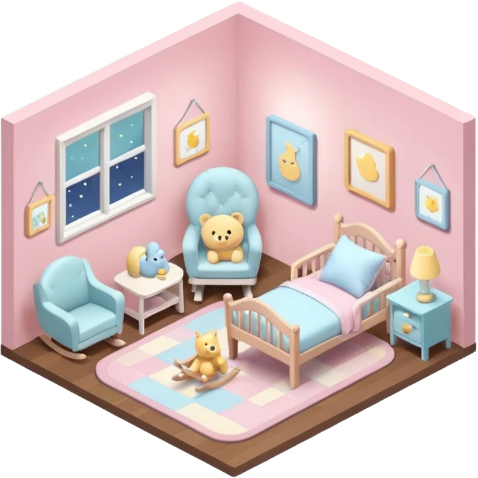 isometric baby room, Baby room with night lamp and rocking chair emoji
