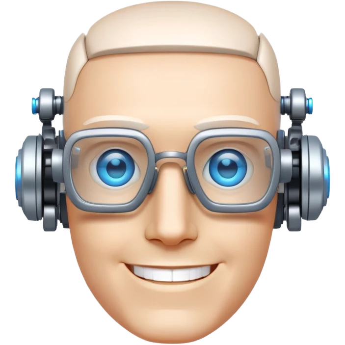 Robotic Cyborg head with fair skin, flat top haircut, rectangular glasses, circuits and smiling Blue eyes emoji