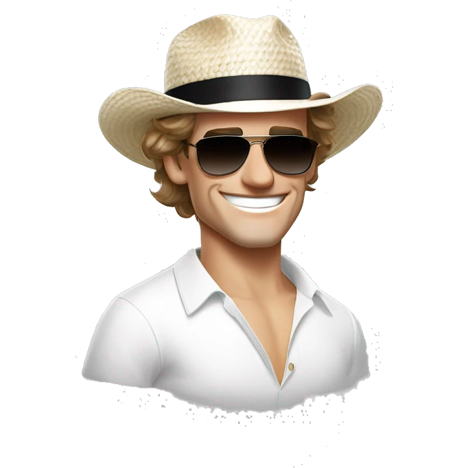 Antoine Griezmann face smiling wearing a white elegant shirt, a staw panama hat and black sunglasses.  emoji