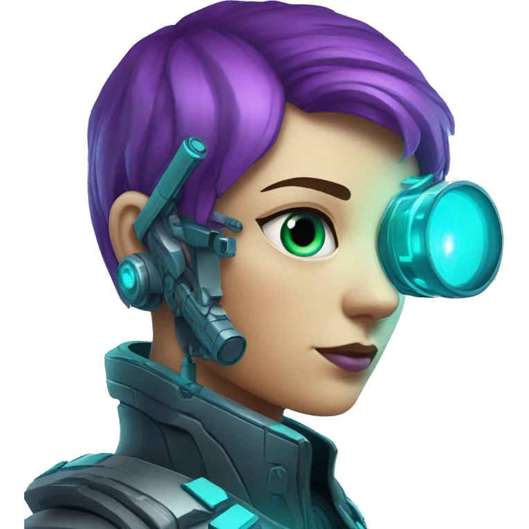 Secret human agent with  cyberpunk elements with a spyglass scanning looking reviewing multicolor lines of code, cyan and purple colors, only upper body portrait emoji