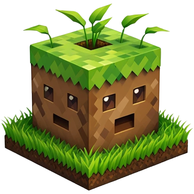 A 3D Apple-style emoji of a Minecraft grass block, cubic shape, with bright green grass on top and brown soil with pixel texture on the sides, simple and cute cartoon design. emoji