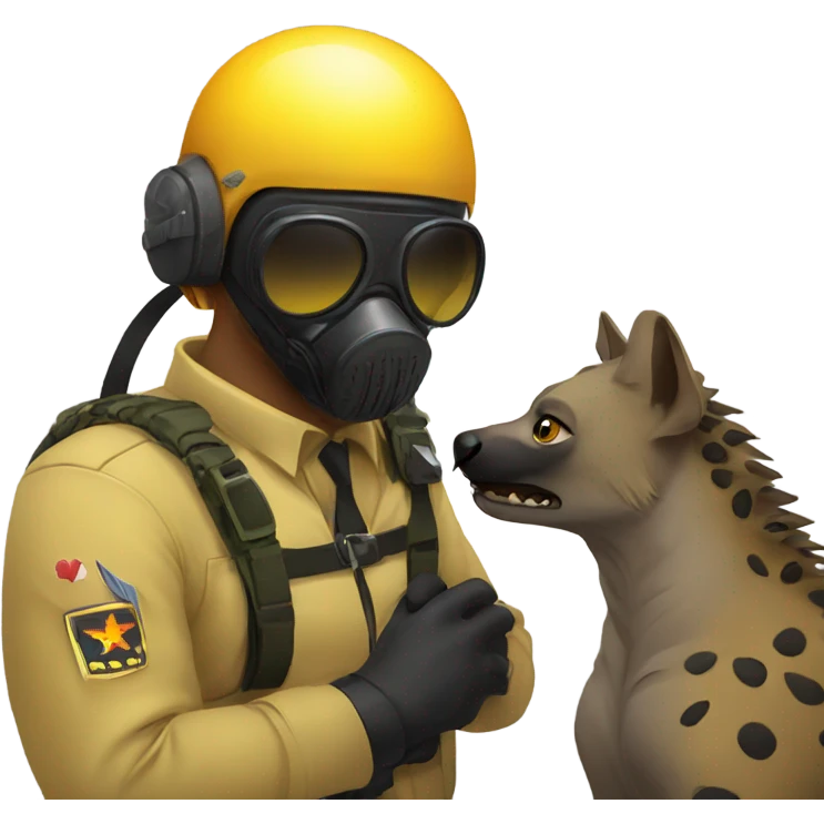 Yellow army Pilot with black mask googles, and then a big hyena kissing kissing him emoji