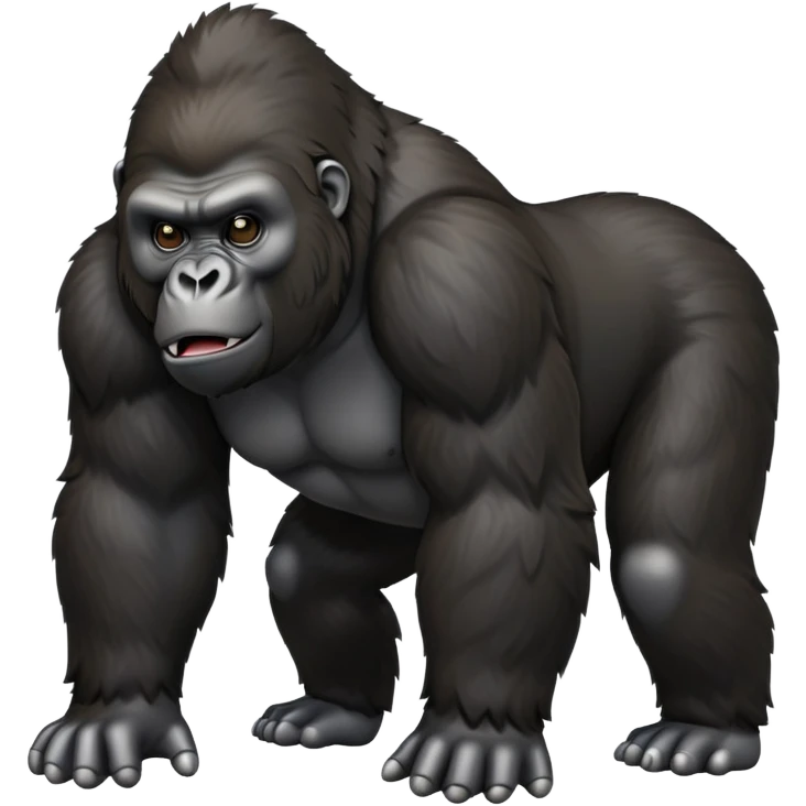 cinematic-gorilla-realistic-full-body-on-all-fours-emoji,-exuding-strength,-thick-dark-fur-in-the-light,-head-tilted-dramatically,-deep-dark-eyes-filled-with-intense-intelligence,-simplified-yet-realistic-focused-features,-highly-detailed, zoomed out friendly  emoji