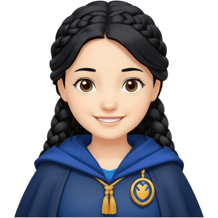 braid black hair, white girl, dark blue cloak, happy smile emoji