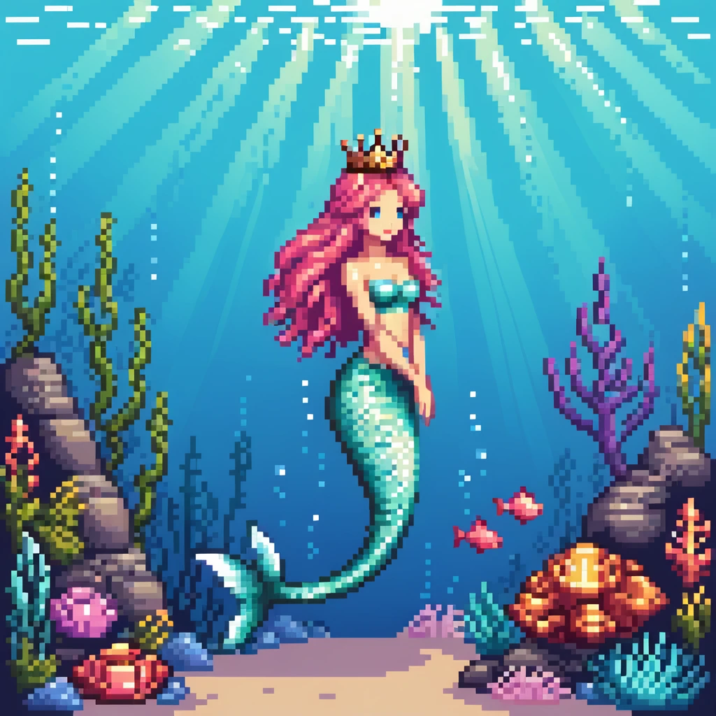 Dark brown skin mermaid princess with crown and shimmering tail in underwater kingdom emoji