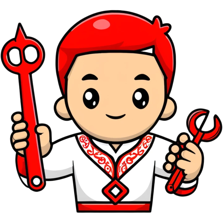 A Ukrainian man wearing traditional white embroidered vyshyvanka shirt holding red scissors in one hand and a spanner/wrench in the other hand emoji