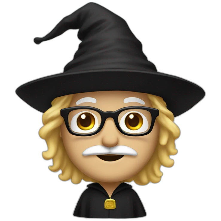 AA man with blond hair and a mustache, wearing a black squared shaped eye glasses, wizard hat, black  robe emoji