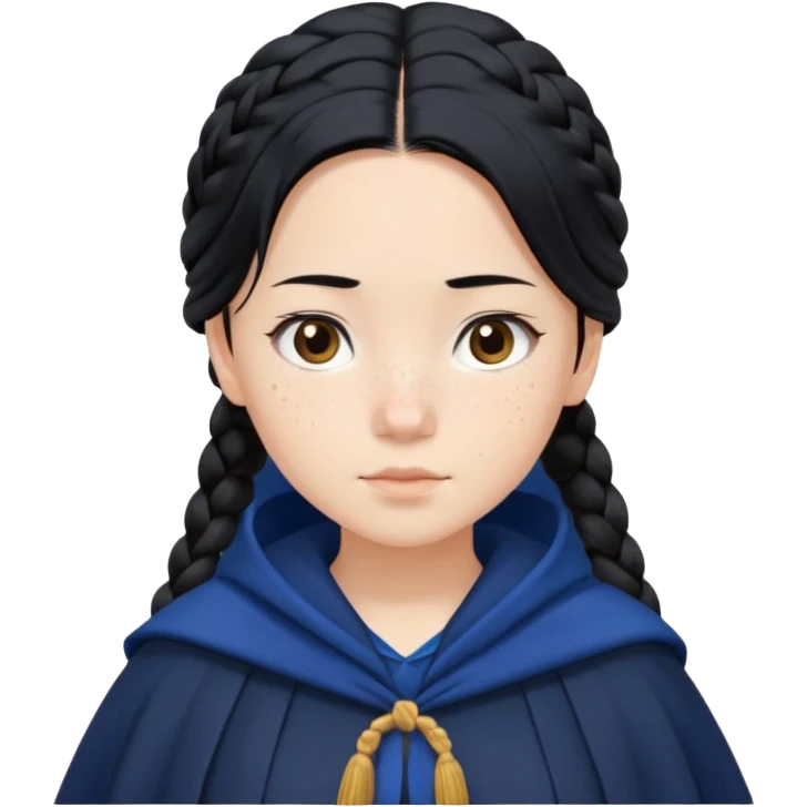 braid black hair, white asian girl, dark blue cloak emoji