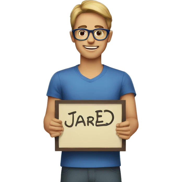 a male person, wearing blue glasses, holding a sign that says jared james emoji