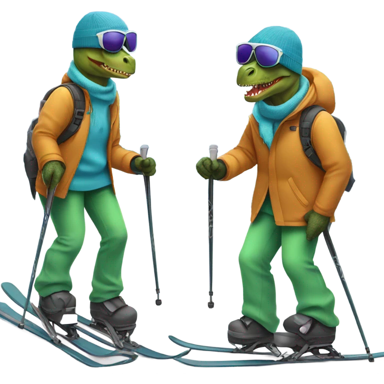 Dinosaur skiing with backwards hat and drip emoji