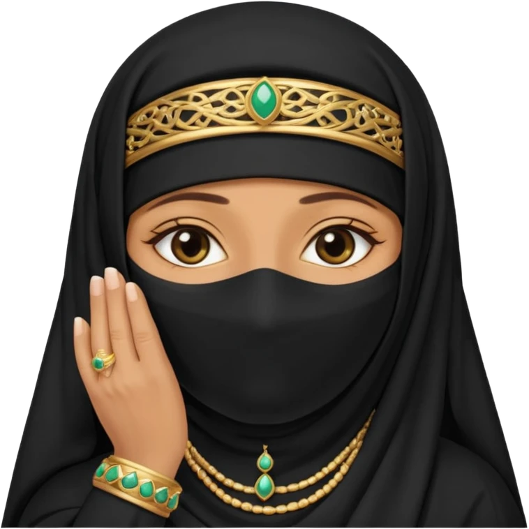 an old emirati women wearing traditional cloths covers her face with burg'a a;; the cloths and burqa'a are black emoji