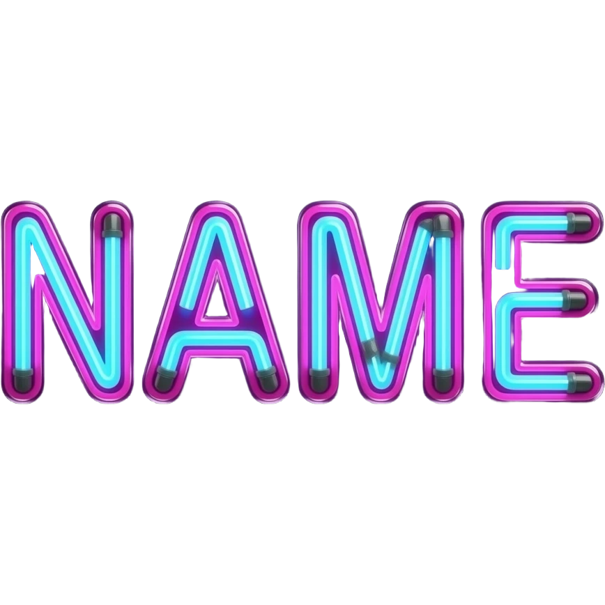 The word 'NAME' in futuristic block letters, glowing magenta and cyan neon tubes. Dark background with light trails, hyper-detailed, synthwave style, centered composition emoji