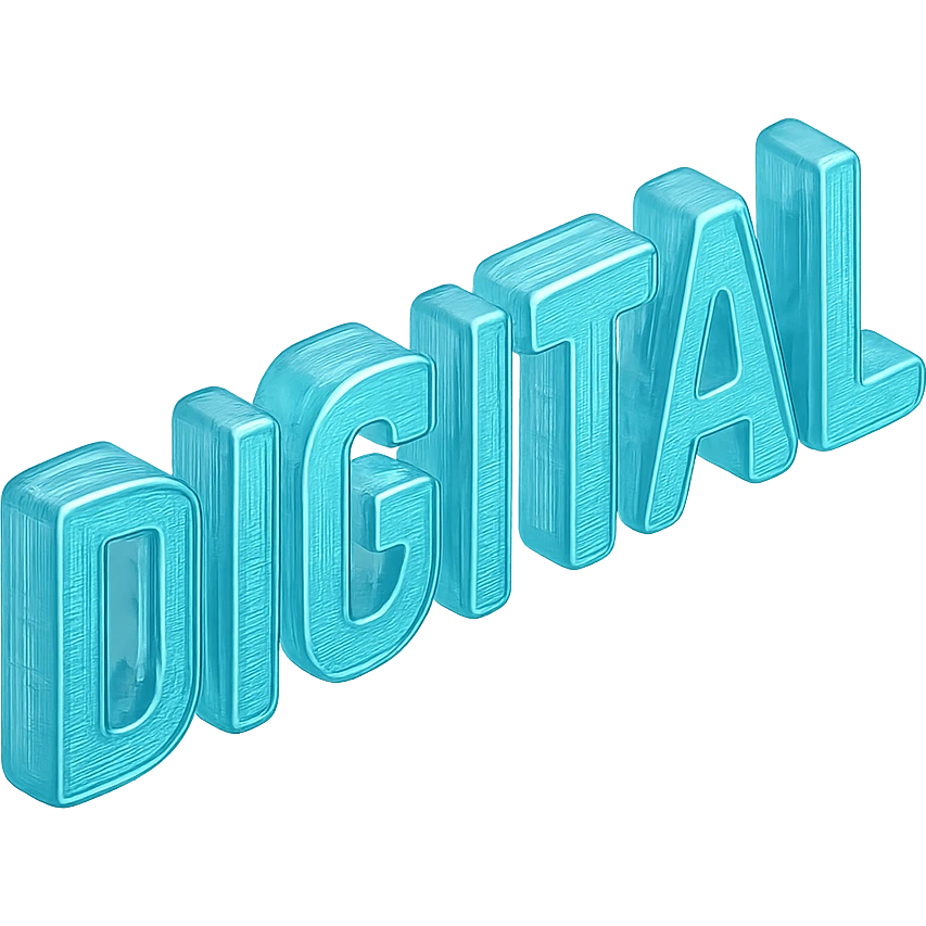The word "DIGITAL", cyan blue emoji