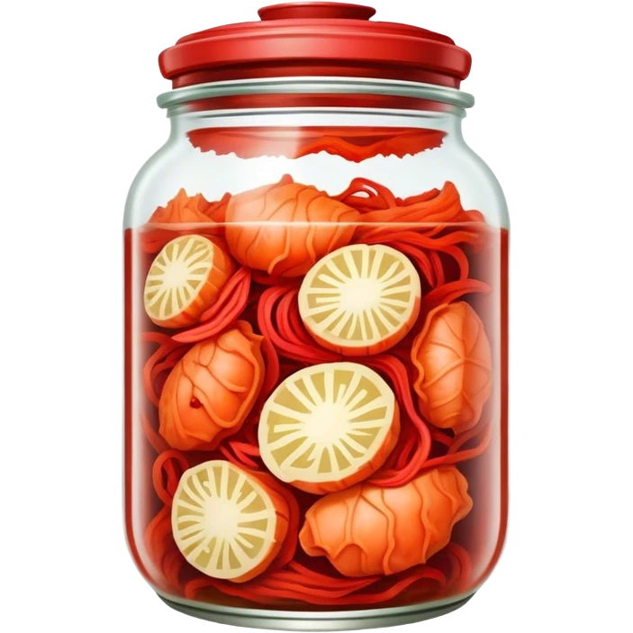 Kimchi Cinematic Realistic Kimchi Dish Emoji, depicted as spicy, fermented cabbage with vibrant red hues neatly served in a traditional jar, rendered with dynamic textures and bold, appetizing lighting. emoji