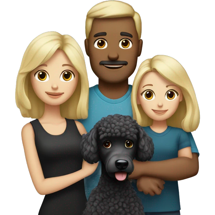 Blond Mom dad with dark hair and blond daughter with black poodle emoji