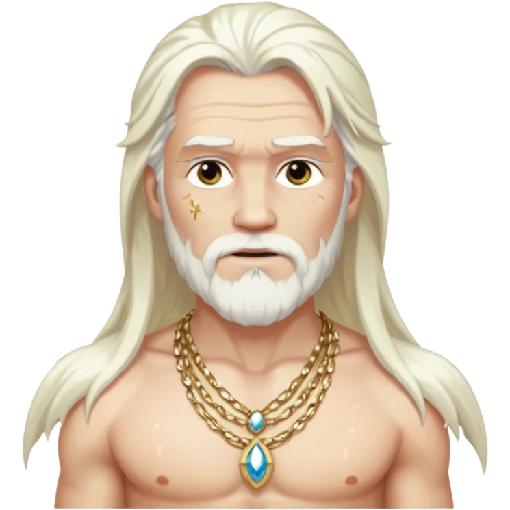 Odin with long white hair, white sequin loincloth, shirtless with necklace emoji