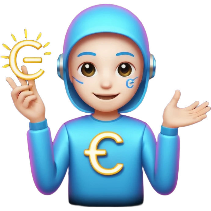 Tiny smiling cyber creature made of neon lines, holding a small glowing C symbol, with little sparks around it. emoji