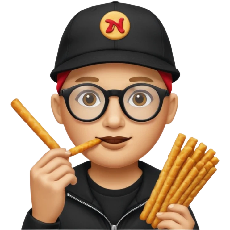 num num eatting hashbrown sticks with a plain black cap and glasses no hair add Rollin' 18 to hat emoji