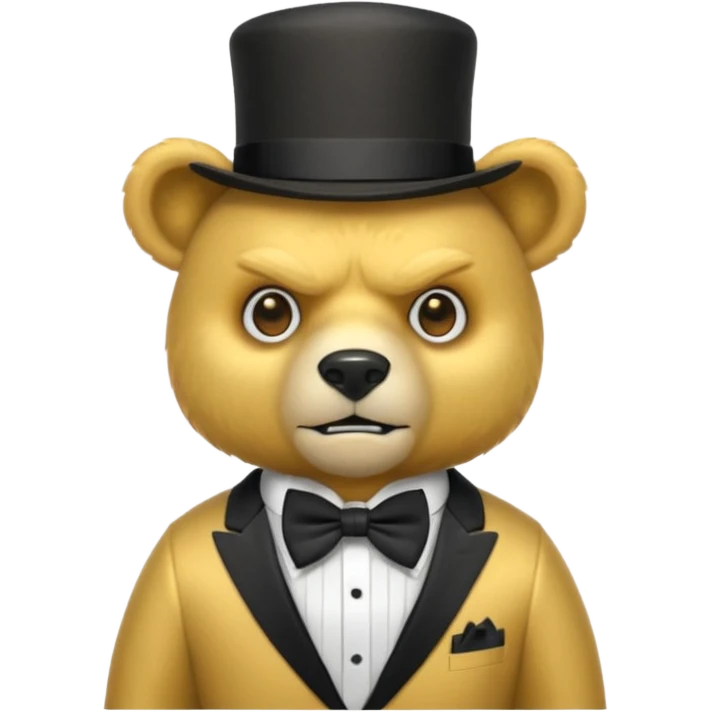 Oso dorado con sombrero elegante y moño negro enojado animatronico emoji