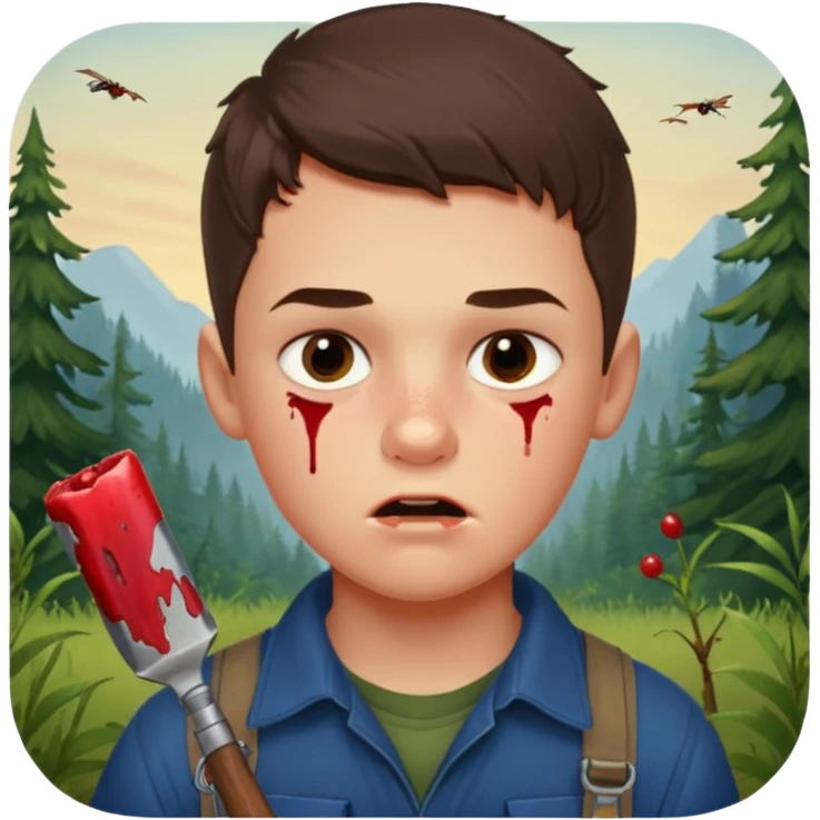 13 y/o Brian robeson at the beginning of Hatchet
determined, has hatchet, self-reliant, observant survivalist, berry juice on his lips, bug bites on cheeks, white boy, no bleeding or big cuts emoji