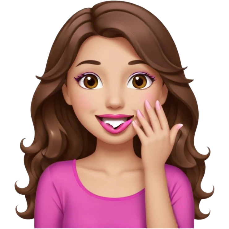 girl with long wavy brown hair, brown eyes, long lashes makeup, pink lips, light to medium complexion, pink sexy top, smiling, hand covering mouth, giggling emoji