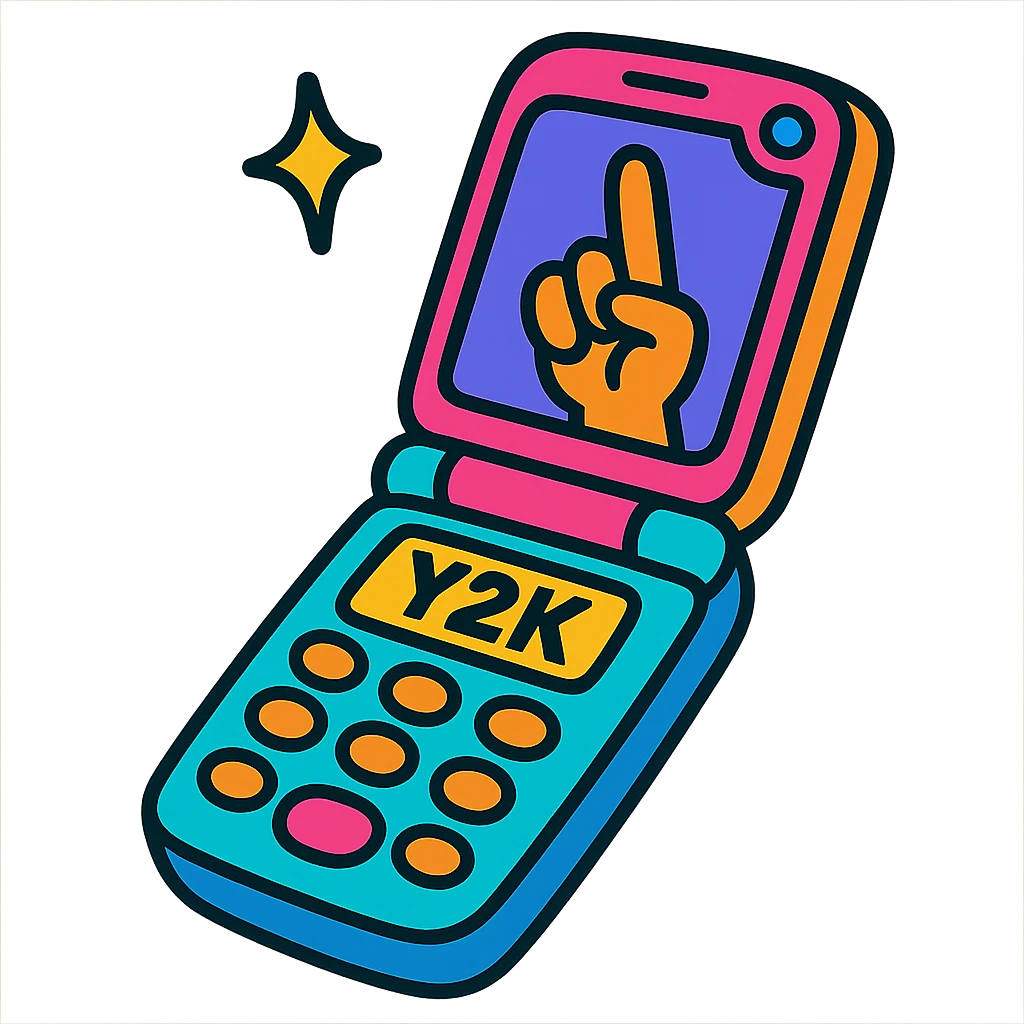 vibrant toon style Y2K folder phone, bold colors, open, taking a selfie emoji