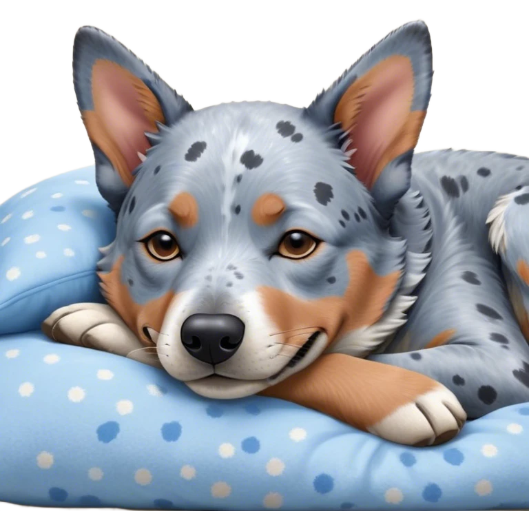 Meme-Worthy Cute Sleeping Blue Speckle Australian Cattle Dog Portrait Emoji, Head resting peacefully with a contented smile, showcasing a robust build and a luxuriously soft blue speckle Fur, eyes shut in a serene nap, Simplified yet hilariously adorable features, highly detailed, glowing with a soft, drowsy light, high shine, relaxed and utterly lovable, stylized with an air of playful laziness, bright and heartwarming, soft glowing outline, capturing the essence of a comically sleepy herder, so meme-worthy it feels like it could instantly become the next viral sensation of adorable slumber! emoji