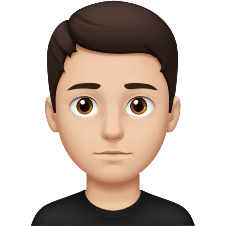 a white boy with dark brown hair, brown eyes, black septum nose piercing, black shirt emoji