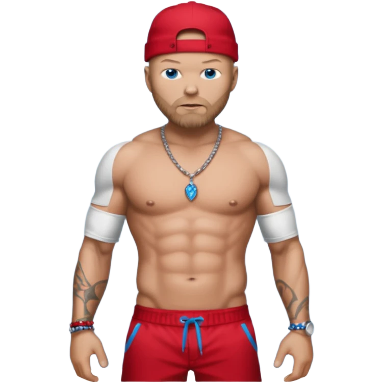 Fred Durst with metallic red pants, shirtless with necklace, blue eyes, dark blonde hair emoji
