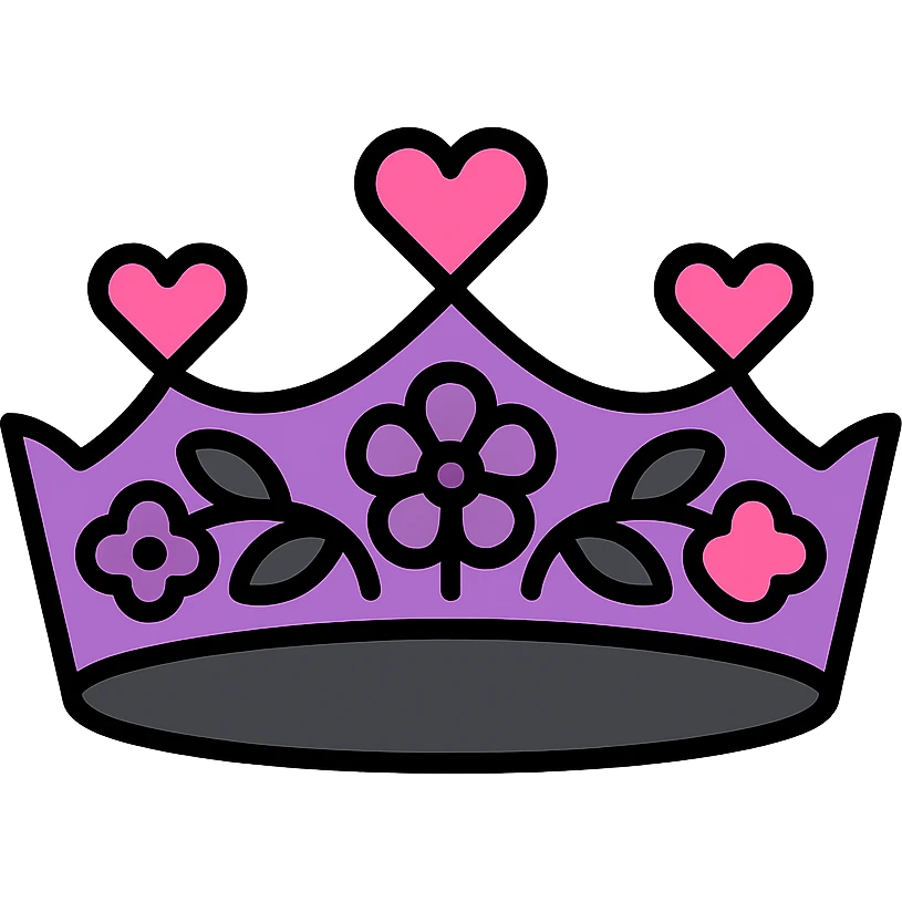 gothic flower crown, modern, clean lines, minimalistic, with heart accents, black, pink, and purple emoji