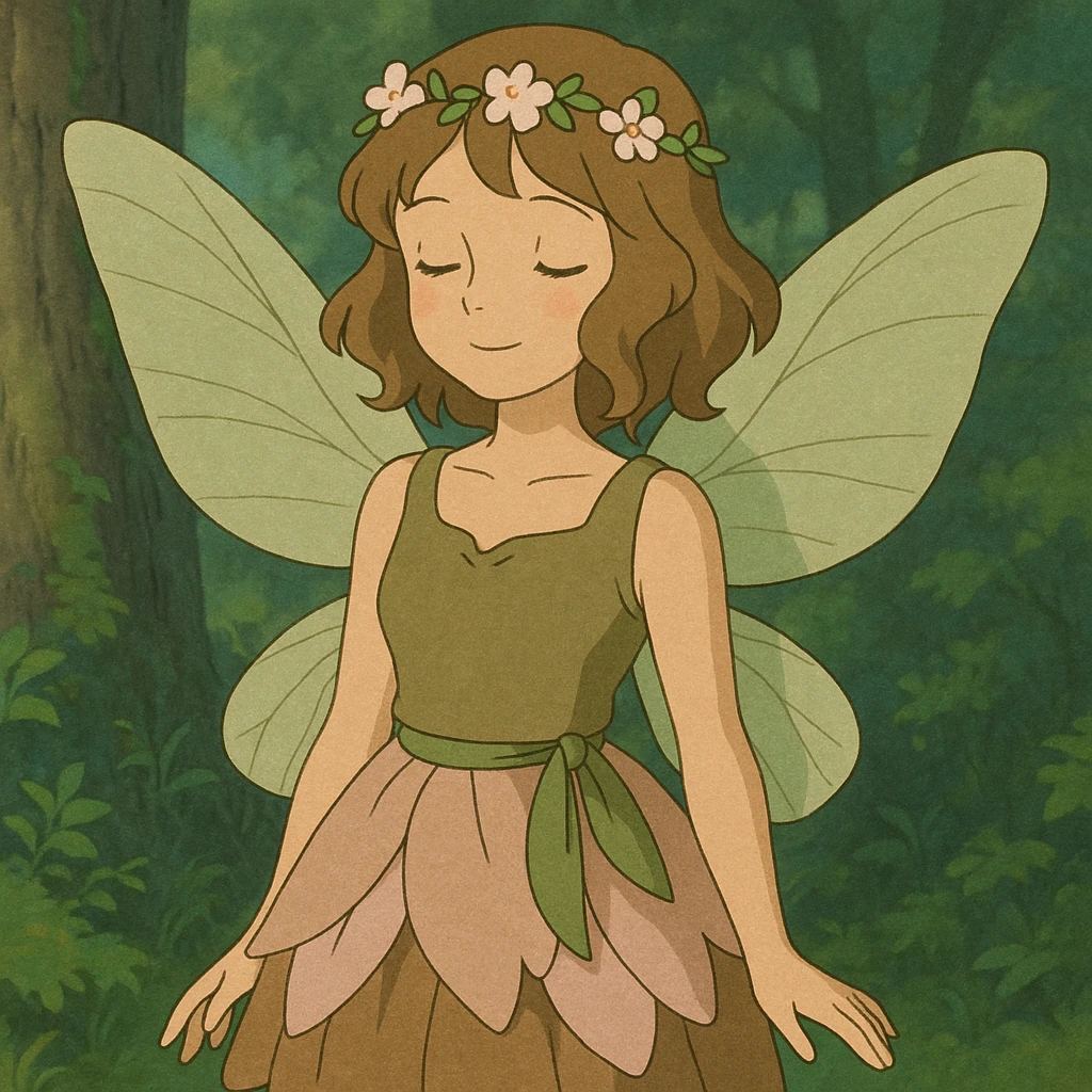 fairycore girl with brown, light pink, and green fairy clothes and wings, light brown hair, dreamy and enchanting, ghibli-inspired style emoji