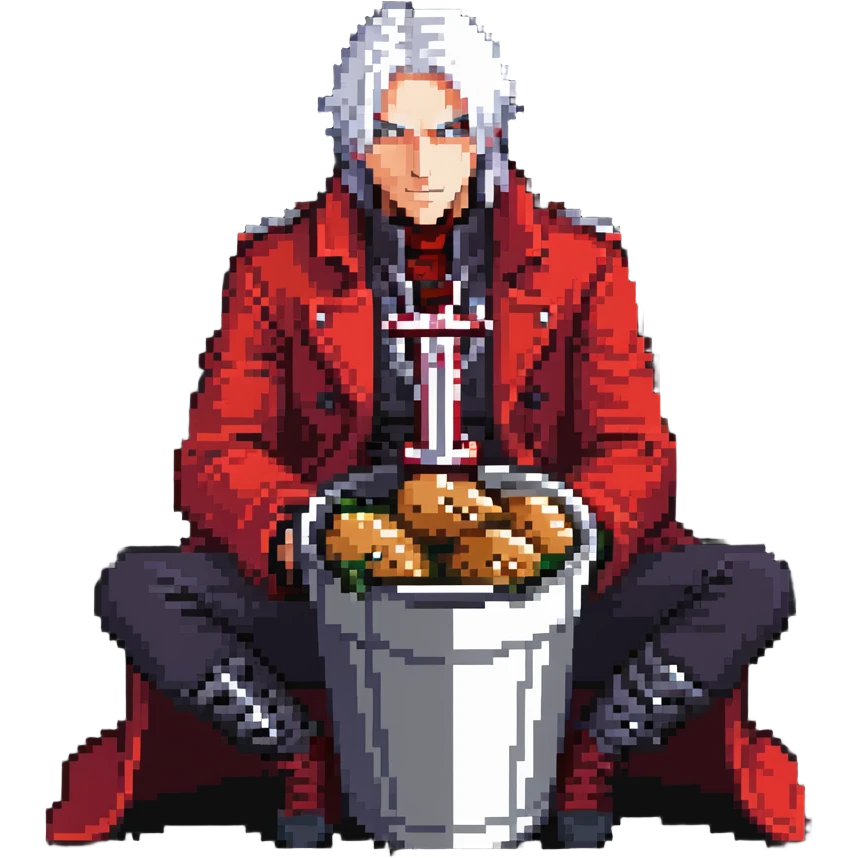 Dante from Devil May Cry sitting in a KFC bucket, red coat, white hair, rebellion sword emoji