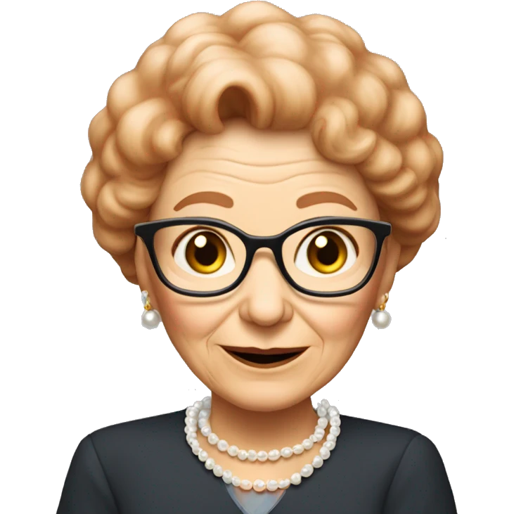 Old lady that is teacher with short red hair that is relly hawi with pearls around her neck and small bag emoji