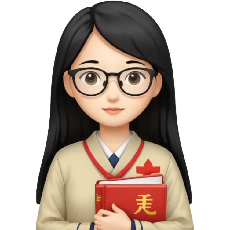 A student, asian girl, long black hair, wearing glasses, japanese uniform, hold book in front of their chest emoji