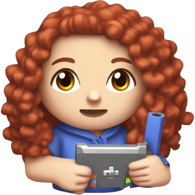 a white girl with long red curly hair, wearing periwinkle Minecraft hoodie playing a videogame emoji