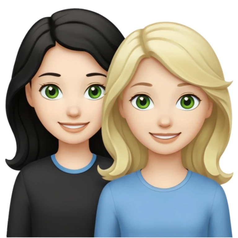 wavy black haired and pale skined green eyed girl with dark golden blonde wavy haired pale skined light grey blue eyed girl emoji