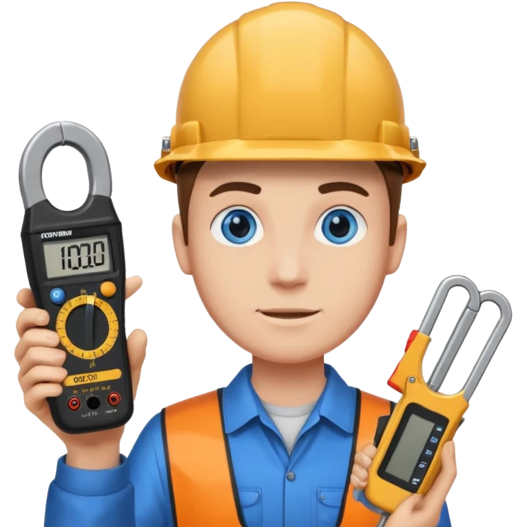 La tercera imagen pero ojos azules, y que lleve en manos una pinza amperimetrica emoji