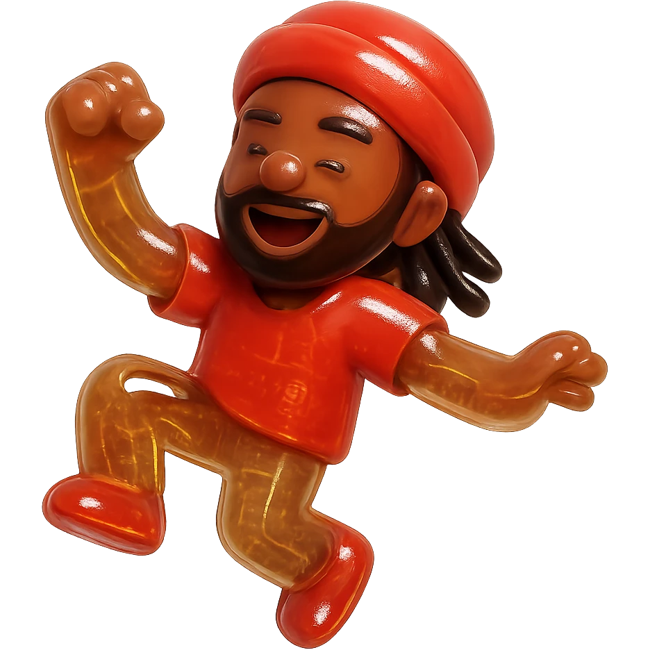 Brownskin man with long brown dreadlocks 
red t-shirt 
red turban 
expression is dance emoji
