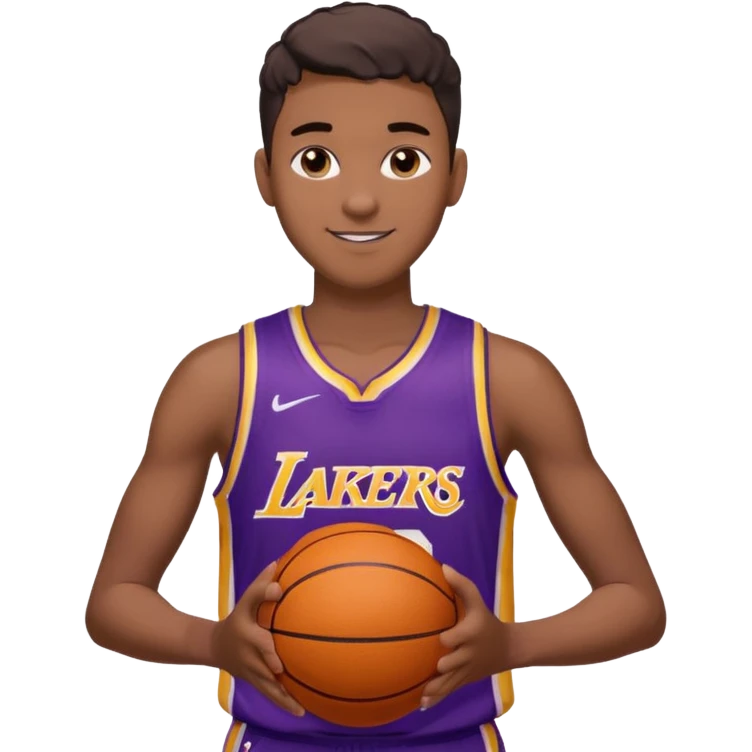 generate an ios genmoji of a handsome dark 20 year old in a purple lakers basketball jersey, basketball in hand, smirking emoji