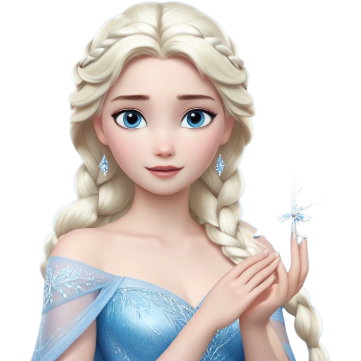 Cinematic Realistic Elsa Portrait, depicted with lifelike skin texture, soft natural lighting, and intricately detailed platinum blonde hair styled elegantly. Her striking, expressive blue eyes exude confidence and grace, complemented by a serene and regal expression. She holds a shimmering snowflake delicately in one hand, her other hand resting against her gown, embodying the power and beauty of winter. She is dressed in her signature icy attire, with shimmering fabric textures and delicate folds that catch the light beautifully. The portrait features a soft, enchanting glow with a cool, radiant finish, capturing the essence of timeless elegance in a realistic and painterly style. emoji