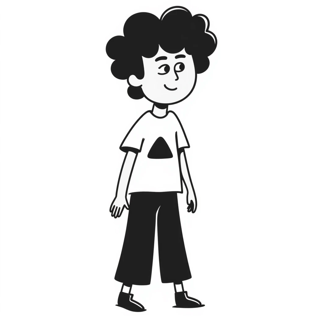 Teenage boy with messy curly hair, casual t-shirt, slight smile emoji