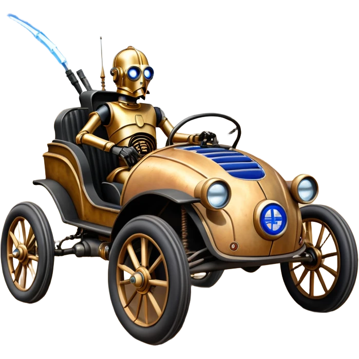 Old American West tarnished R2D2 C-3PO bounty hunter 1854 delicately ornate rosegold accents painted dune buggy buckboard wagon powered by electric motors and batteries with safety features and belts flying rapidly across rough dusty terrain stable on strong agile steampunk suspension and steering  emoji