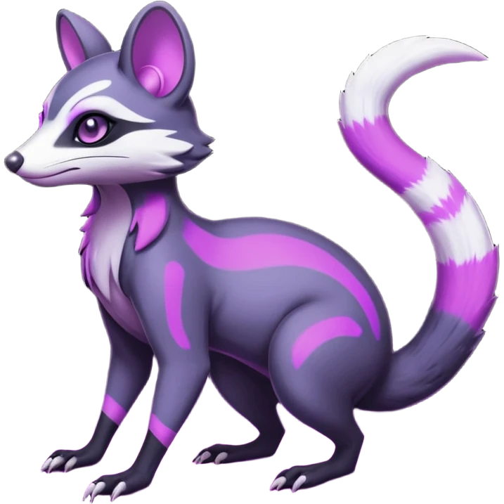Obsidian-onyx-black and glowing neon-purple, shiny blind eyes, magical fantasy-Genet-Sentret-Marsupial-Possum-Vernid-Sergal-Fakémon-hybrid, by LiLaiRa-griffsnuff, full body emoji