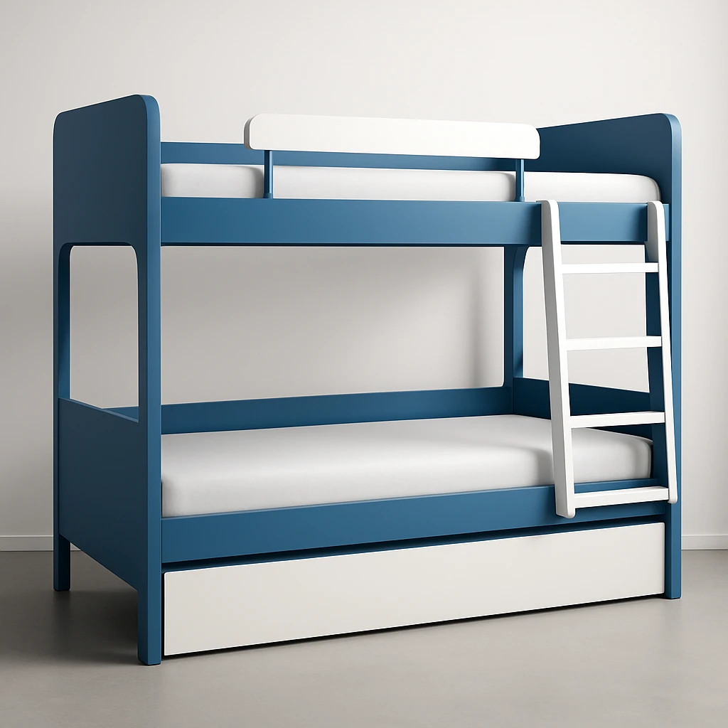 modern bunk bed, mostly blue with white accents, sleek and contemporary emoji