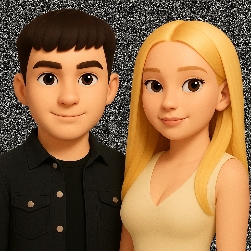 Slightly increase the volume of the upper body of the girl, separate the girl and the boy from each other, make the skin color the same for both characters, while preserving the cartoonish 3D style as in the reference image. emoji