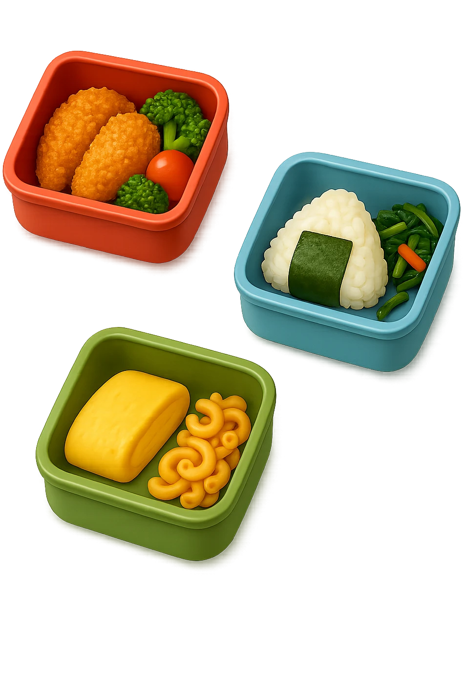 EMOJI STILE IPHONE DI UN 3 schiscette con poco cibo dentro, fluttuano in aria REALISTICA 4K emoji