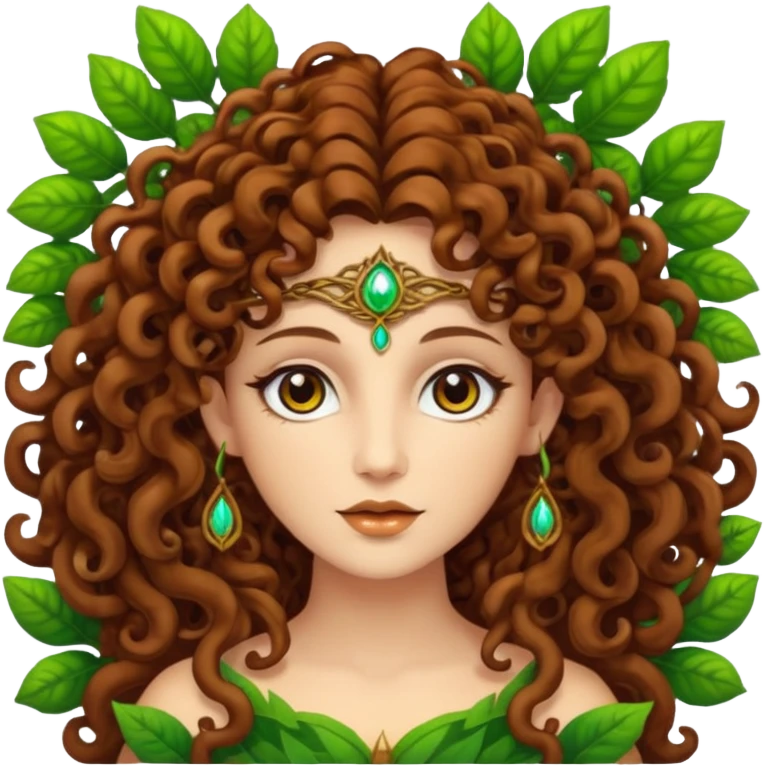 Psychedelic goddess of the forest with brown eyes , brown curly hair emoji