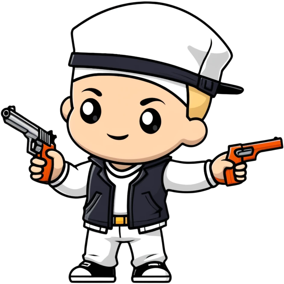little white kid dressed as a gangster, holding a toy gun, playful and non-threatening emoji
