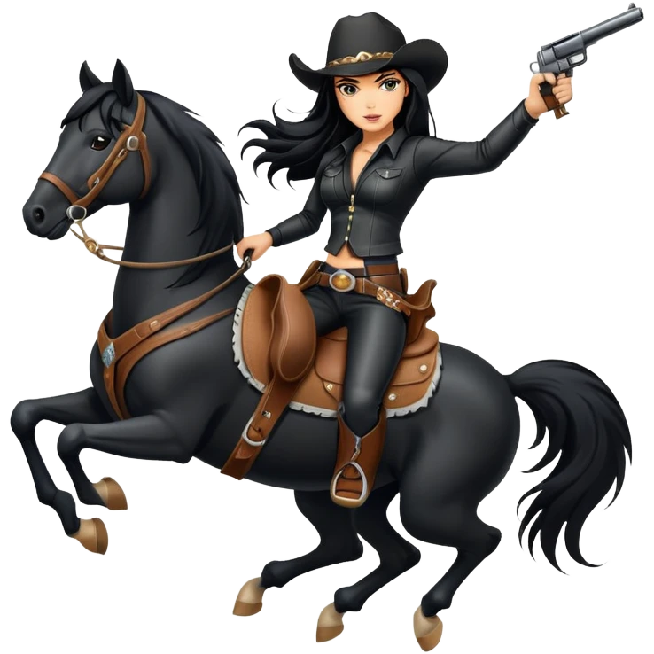 badass confident hot tanned woman with long black hair cowgirl style wearing black leather outfit with gun riding horse in action pose emoji