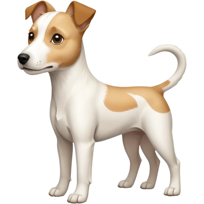 a full body buff white parson russell terrier looking dog the size of a kelpie with light brown long ears and a light brown patch on one eye and a large snout. the rest of the dog is completely white. forward facing emoji